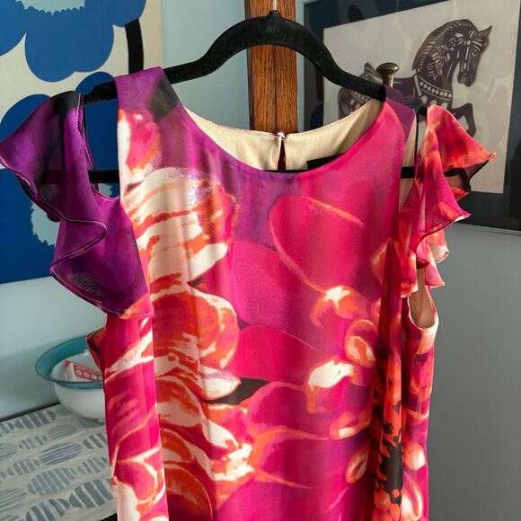 Kensie y2K Bold Orange, Pink Floral Chiffon Ruffle Sleeve Dress, Flowy Fit sz 8 - Picture 3 of 10